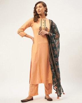 embroiered straight kurta suit set