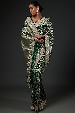 emerald green banarasi silk hand embroidered saree set