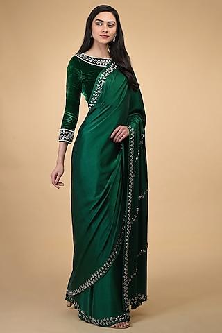 emerald green hand embroidered saree set