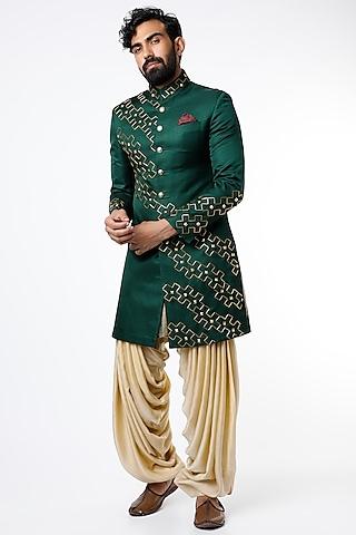 emerald green metallic embroidered indo-western sherwani