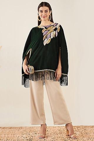 emerald green micro velvet sequins hand embroidered poncho top