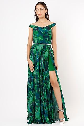 emerald green off-shoulder detachable gown with belt
