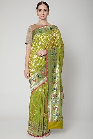 emerald green pure banarasi silk zari jaal handwoven saree set
