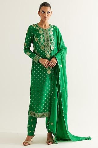emerald green silk brocade & georgette zardosi embroidered kurta set