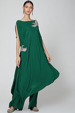 emerald green taffeta applique embroidered asymmetrical tunic set
