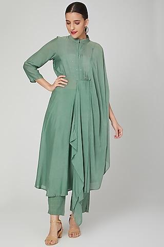 emerald-green-zari-linen-pant-set-for-girls