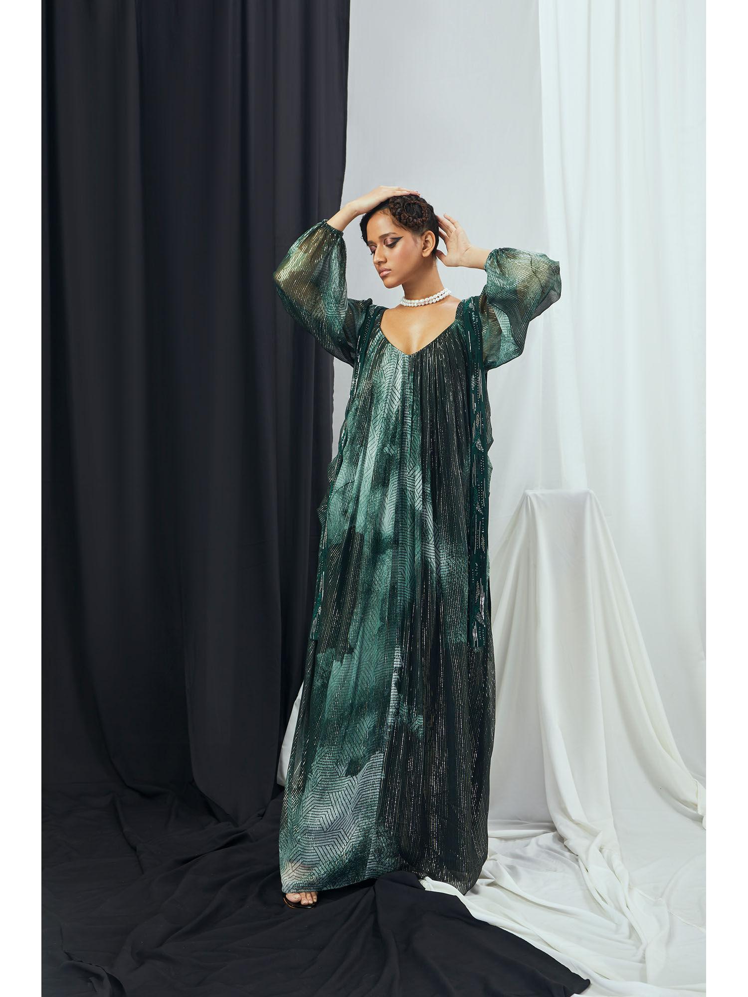 emerald blotch printed and hand embroidered draped kaftan dress