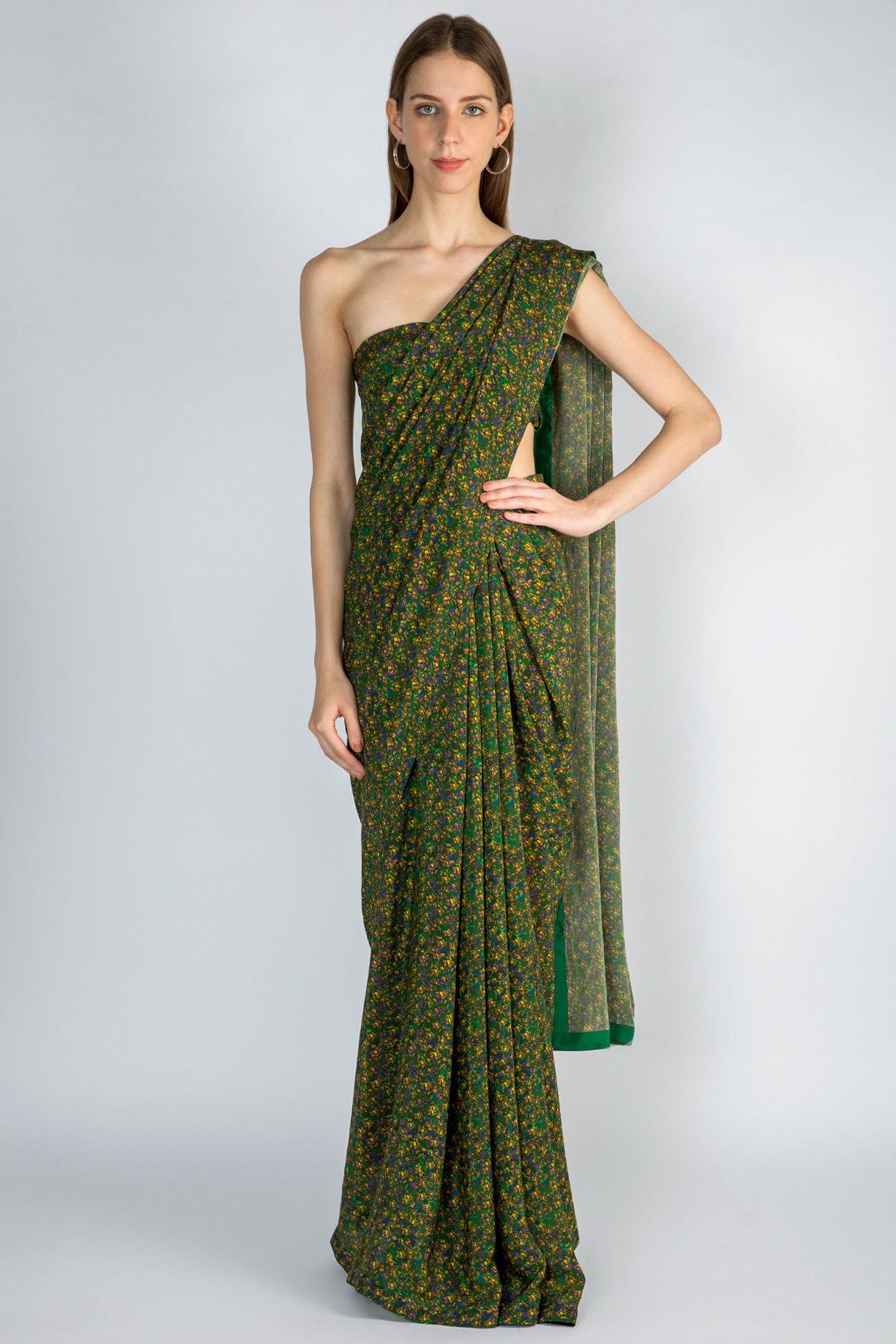 emerald floral rush sari & unstitched blouse