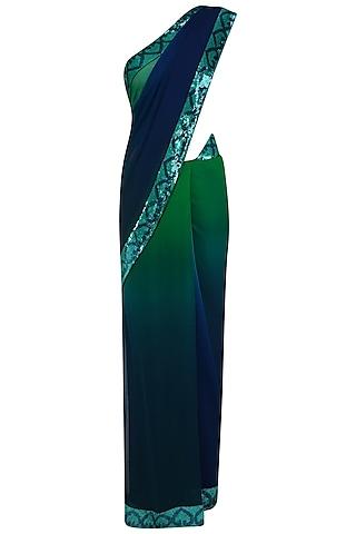emerald green, navy and teal blue sequins embellished shaded saree with blouse piece