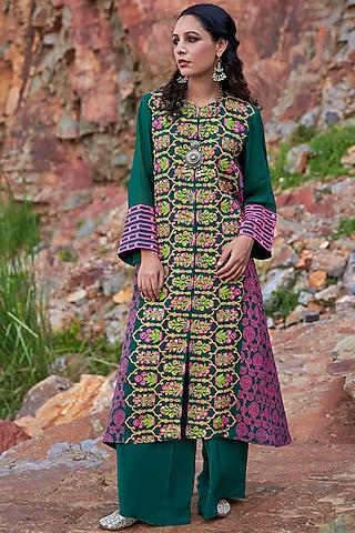 emerald green & purple hand embroidered a-line kurta set