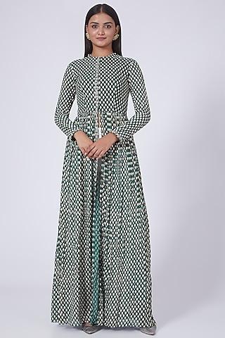 emerald green & white bindu printed front open cape