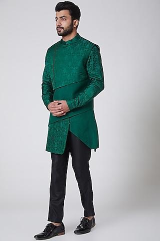 emerald green asymmetric kurta with embroidered jacket