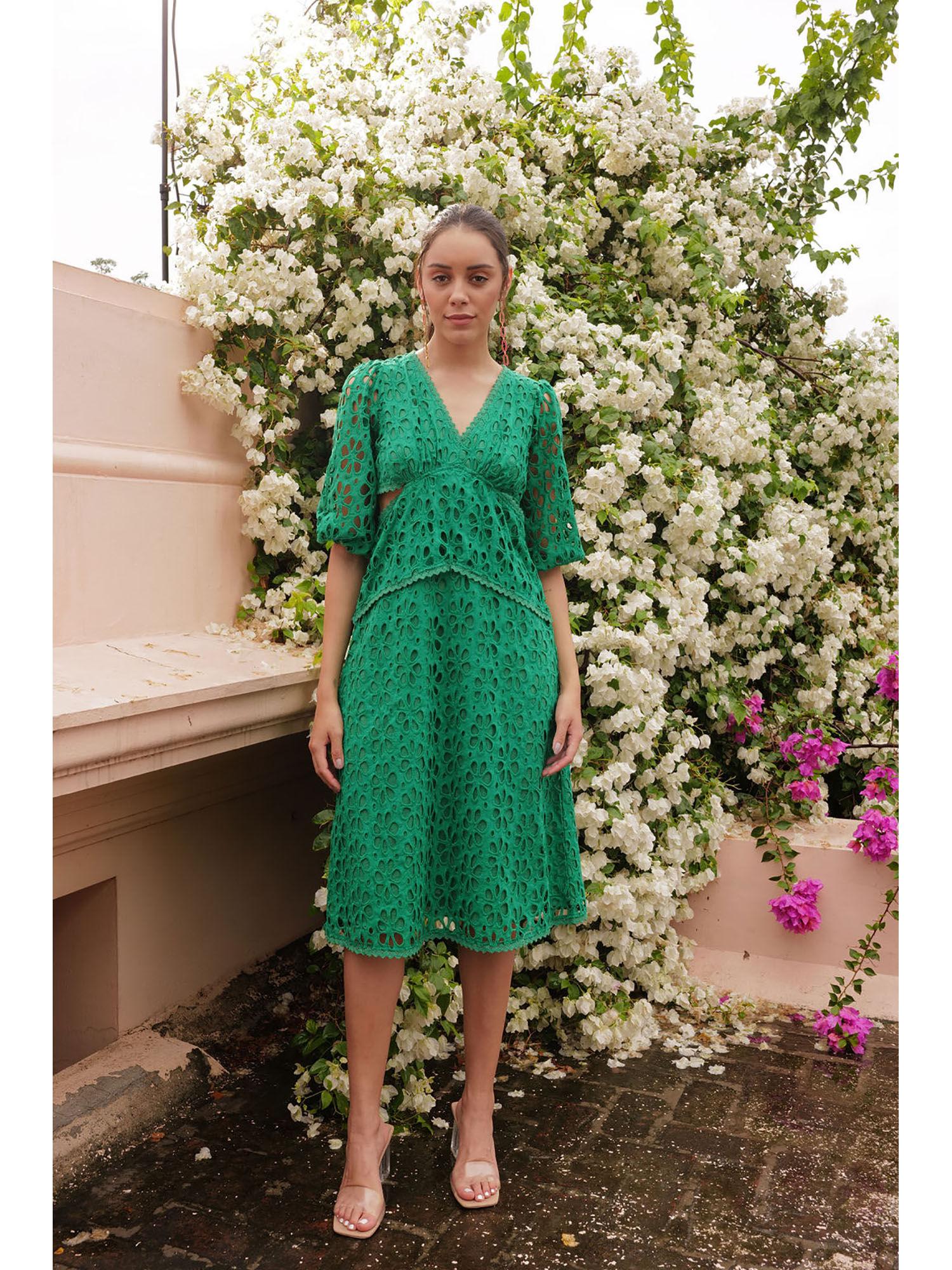 emerald green broderie midi dress