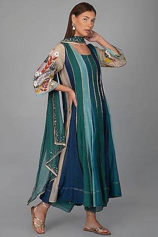 emerald green chanderi panelled anarkali set