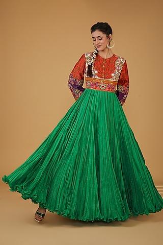 emerald green chanderi silk crushed kalidar anarkali