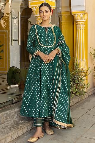 emerald green chanderi silk zari embroidered anarkali set