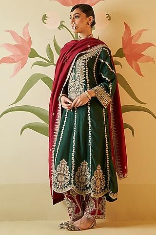 emerald green chanderi silk zari embroidered choga kurta set