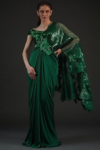 emerald green chiffon & metallic polymer pre-stitched saree set