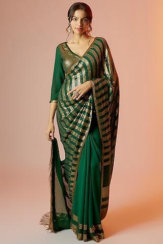 emerald green chiffon embroidered saree set