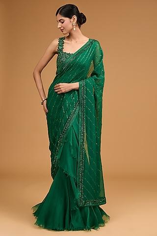 emerald green chiffon sequins embroidered ruffled saree set