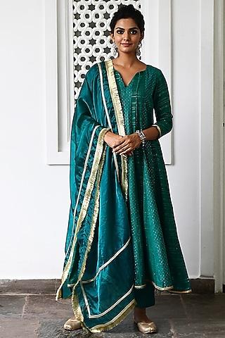 emerald green cotton viscose kalidar anarkali kurta set