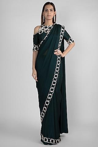 emerald green crepe & raw silk hexagon embroidered saree set