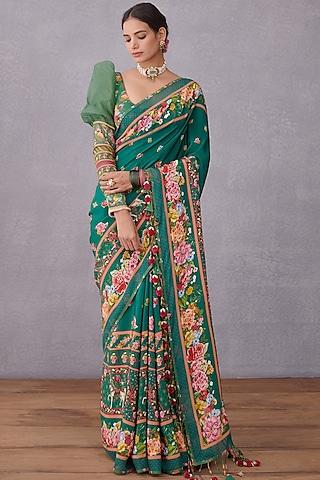 emerald green crepe silk & kota doria printed saree