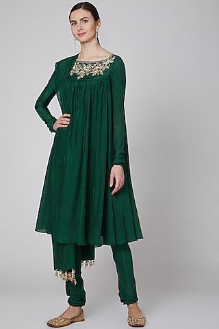 emerald green cupro sequins embroidered kalidar kurta set for girls