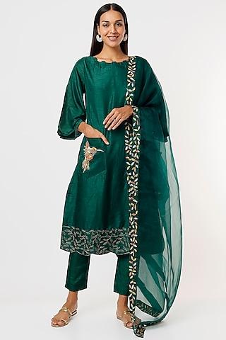 emerald green dola silk kurta set