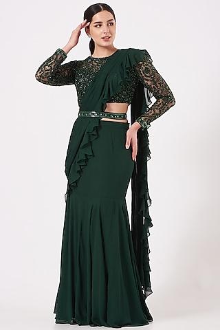 emerald green draped ruffled saree set