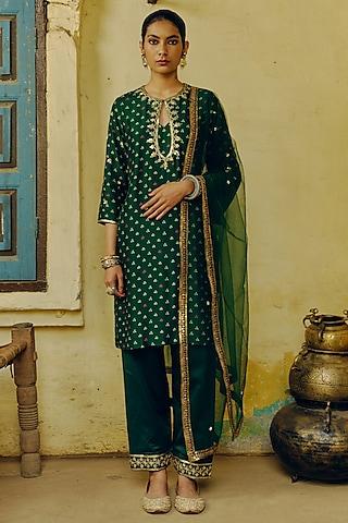 emerald green dupion silk bandhani printed & hand embroidered kurta set