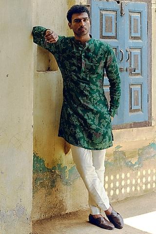 emerald green dupion silk printed kurta set