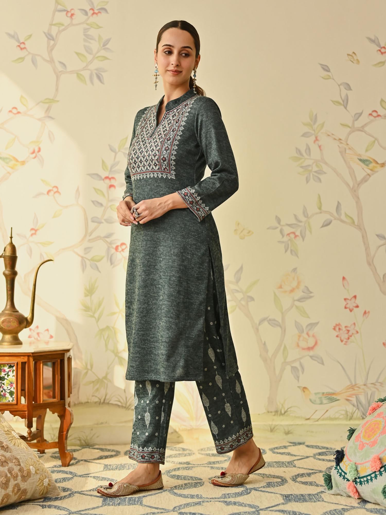 emerald green embroidered & monotone woollen kurta