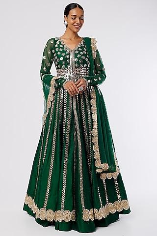 emerald green embroidered anarkali set