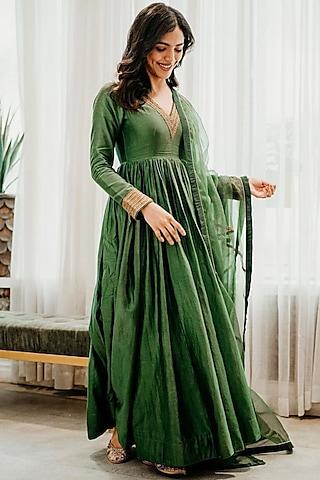 emerald green embroidered anarkali set