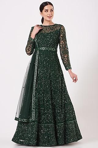 emerald green embroidered anarkali set