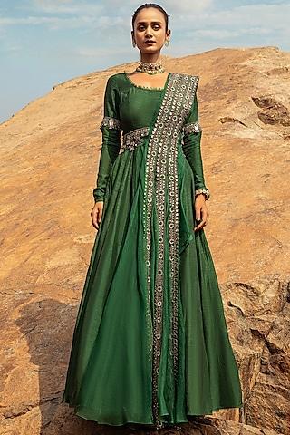 emerald green embroidered anarkali set