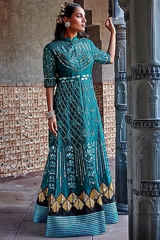 emerald green embroidered anarkali set