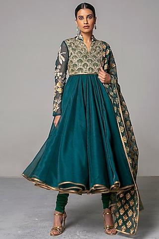 emerald green embroidered anarkali set