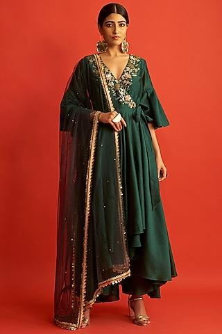 emerald green embroidered angrakha kurta set