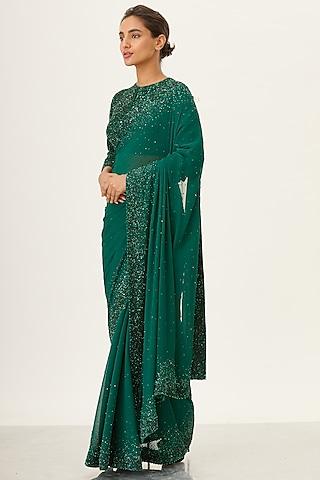 emerald green embroidered chiffon saree set