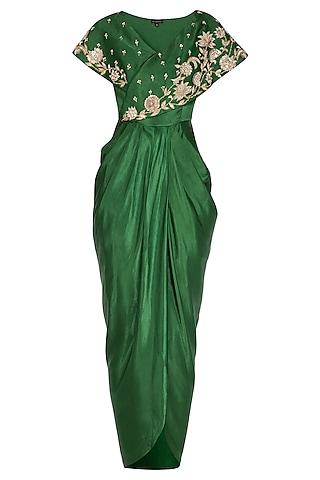 emerald green embroidered drape dress