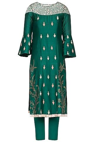 emerald green embroidered kurta set