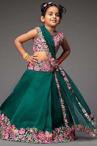 emerald green embroidered lehenga set for girls