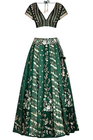 emerald green embroidered leheriya lehenga set