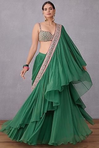 emerald green embroidered ruffled saree