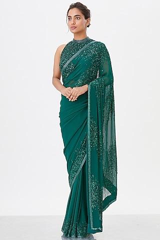 emerald green embroidered saree set