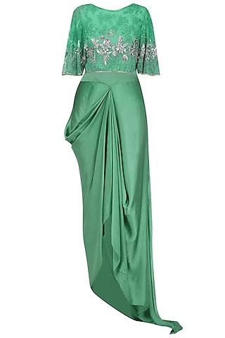 emerald green floral thread and sequins embroidered circular cape and drape skirt set