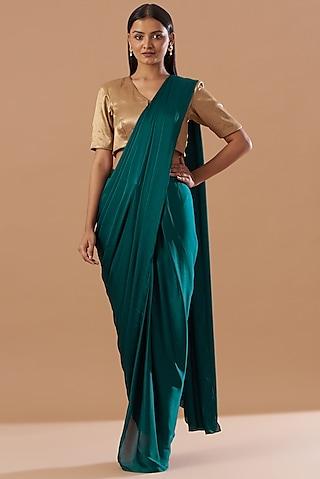 emerald green georgette & linen pant saree set