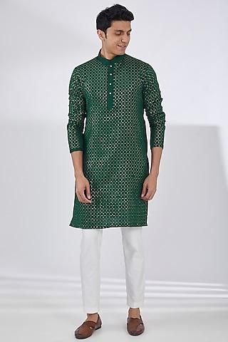 emerald green georgette chikankari embroidered kurta set